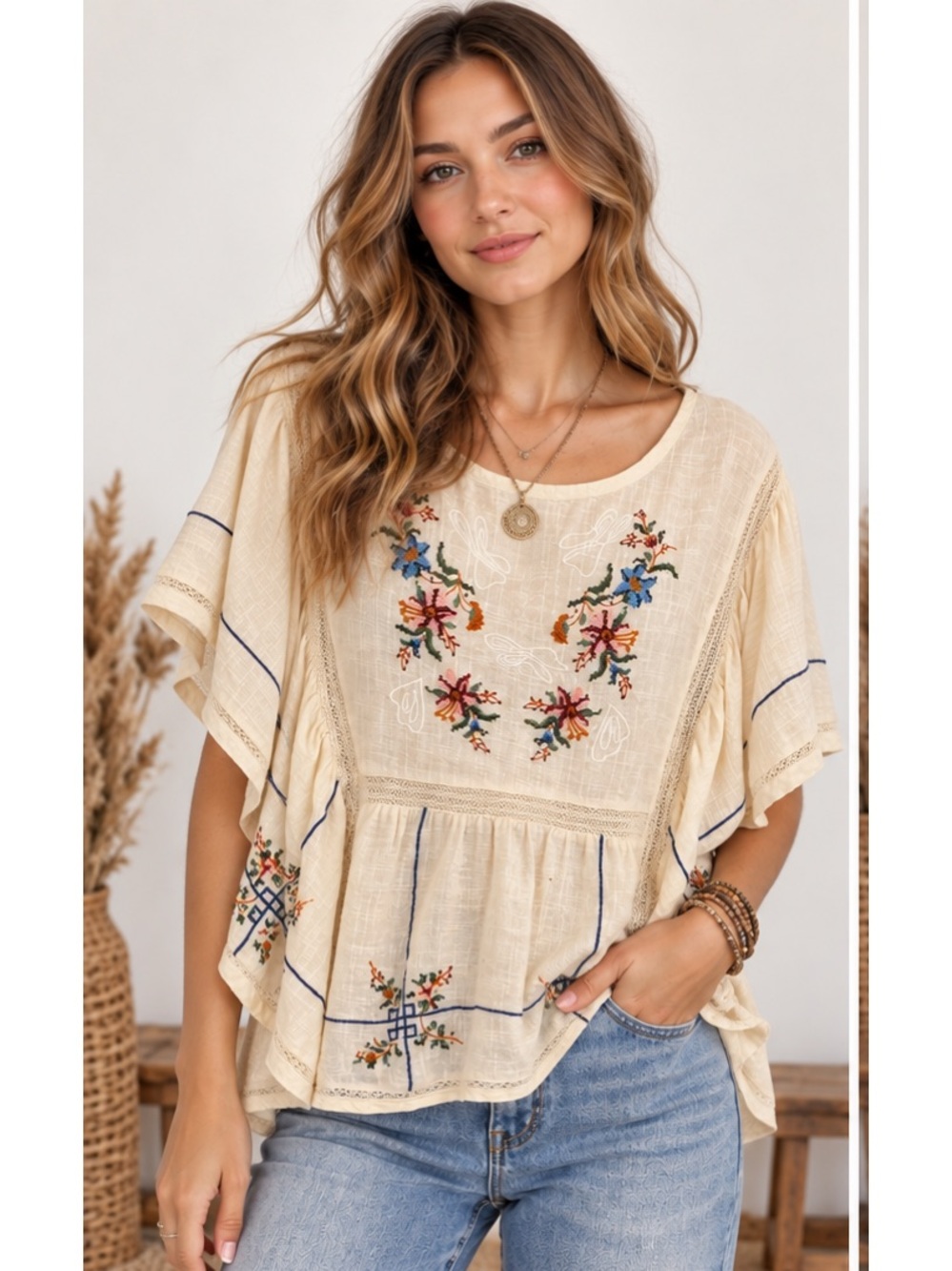Seen & Be Seen Embroidered Boho Peasant Hippie Blouse Cream Large
